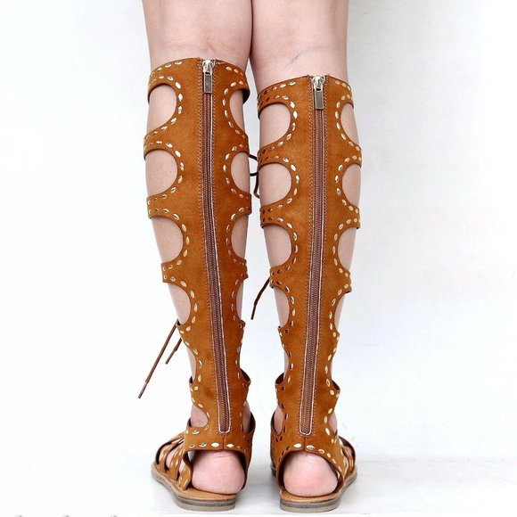 New Tan Gold Studded Knee High Gladiator Sandals - Picture 3 of 3